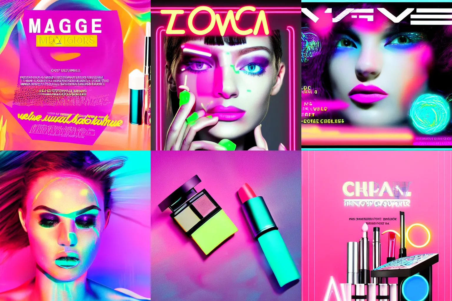 Prompt: magazine ad for cosmetics, neon colors, vaporware