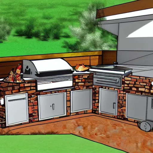 Image similar to new ideas for outdoor kitchen design with grill and pizza oven, designer pencil sketch, HD resolution