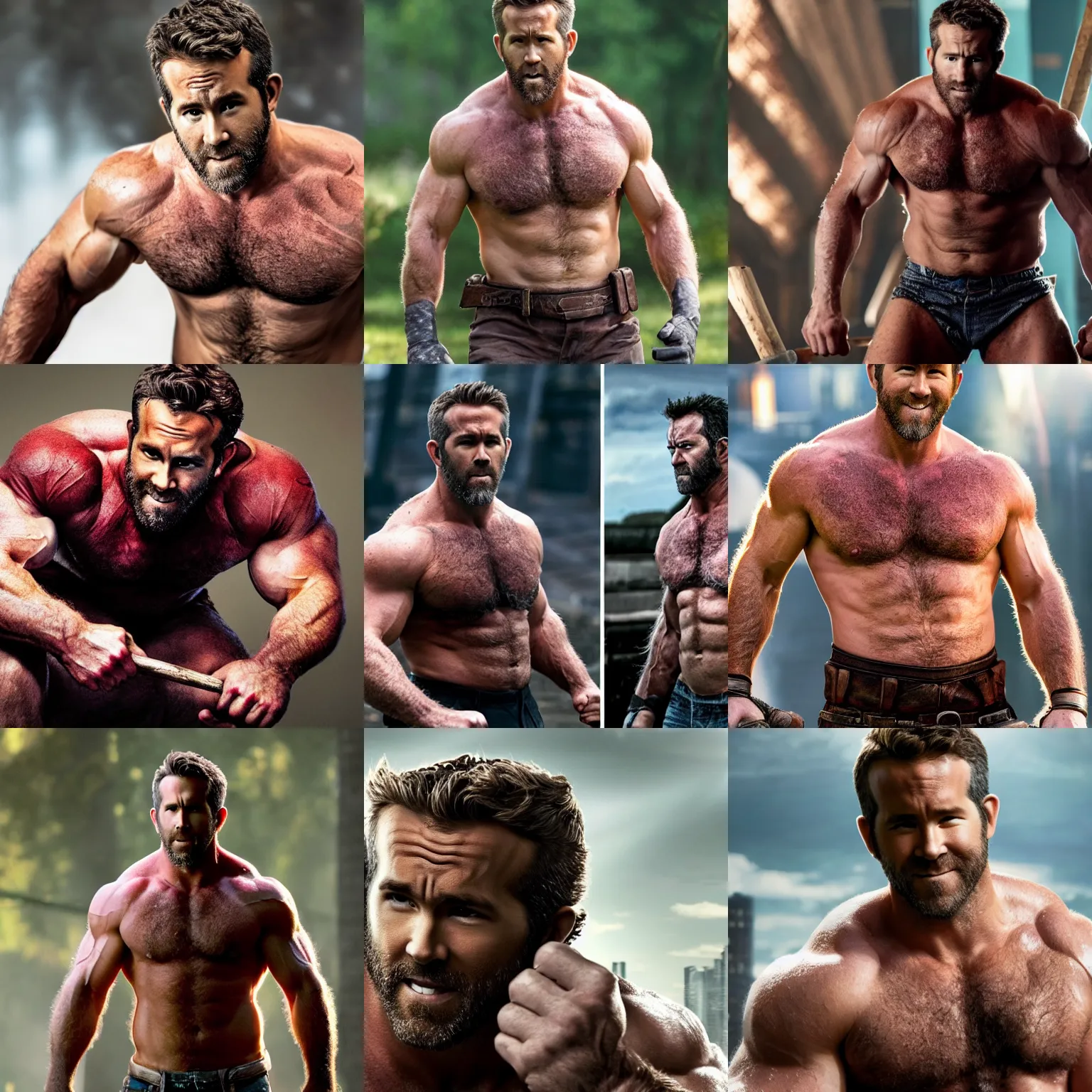 Prompt: ryan reynolds as a big burly padded strongman wolverine, 4 k hd