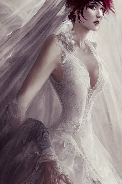 Image similar to Demonic Wedding Dress with lace portrait by Artgerm and WLOP