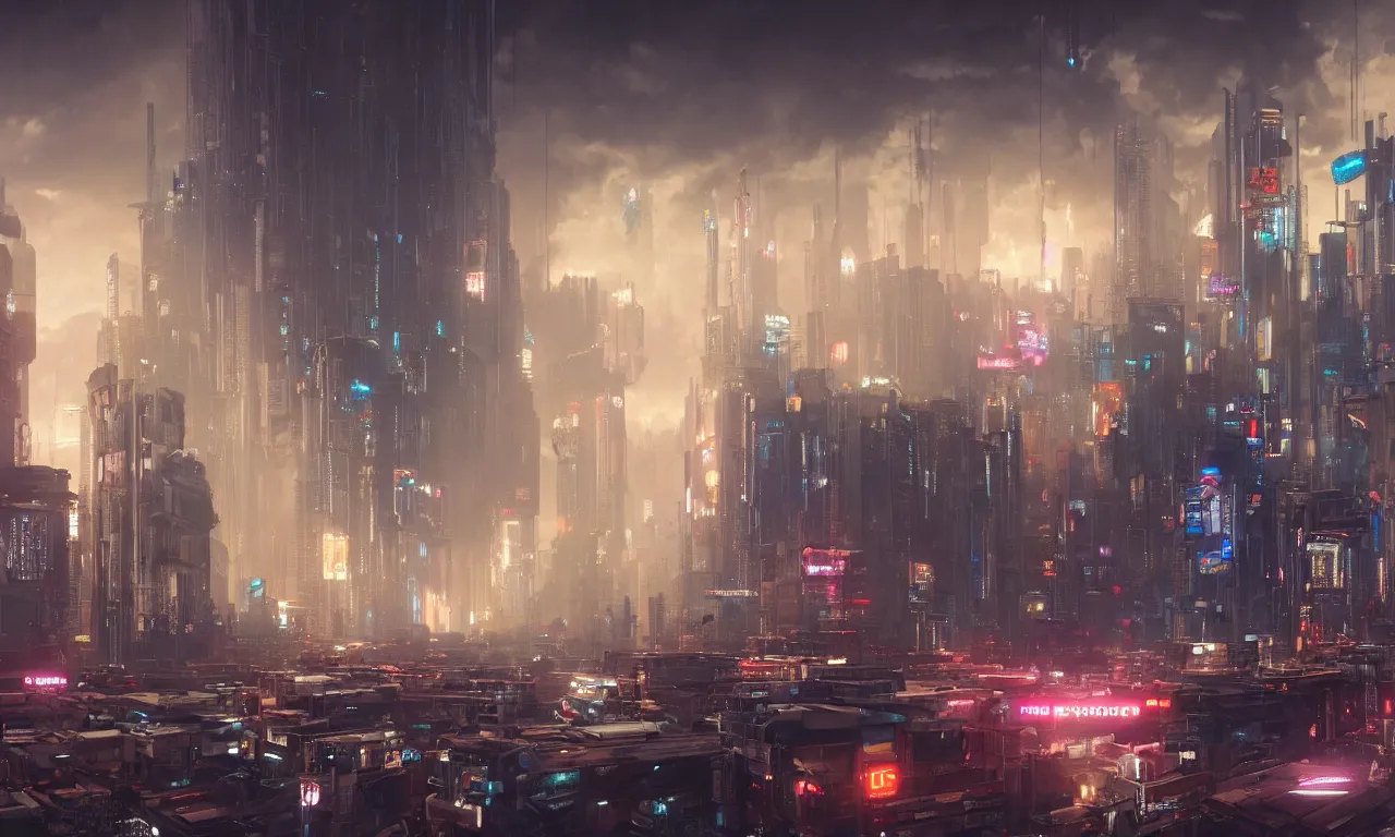 Prompt: a ultra - realistic cg rendering of the cyberpunk city on the cloud, greg rutkowski and james gurney, huge buildings, neon lights, cloud, light effect, 8 k, unreal engine, trending on artstation, expansive view