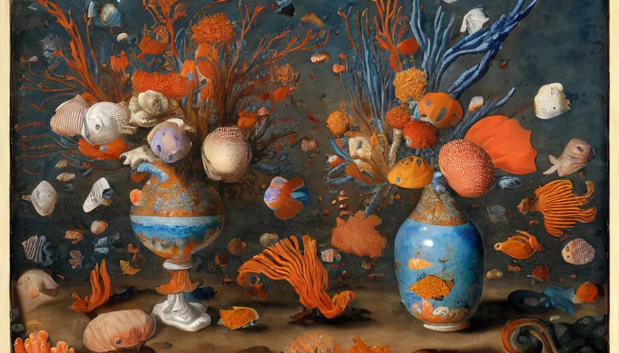 Image similar to bottle vase of coral under the sea decorated with a dense field of stylized scrolls that have opaque outlines enclosing mottled blue washes, with orange shells and purple fishes, Ambrosius Bosschaert the Elder, oil on canvas, hyperrealism, around the edges of there are no objects