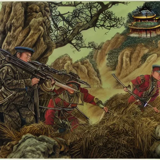 Image similar to a chinese soldier helps his comrades understand how to fight, technological growth, beautiful vintage country chocolate biodiesel wadellesacker, by wendy froud and vincent di botticelli, matte painting, an ink drawing holographic