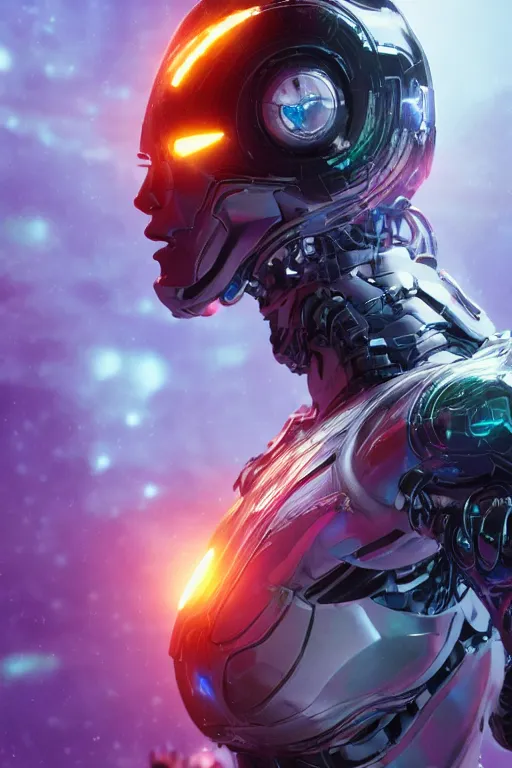 Image similar to cyborg letting go of reality and experiencing the quantum feild, matte painting comic book art, cinematic, highly detailed, realistic, beautiful cosmic neural network, octane render, unreal engine, depth of field, trending on artstation, sharp focus, philosophical splashes of colors