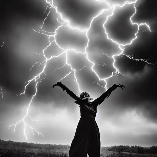 Image similar to wild woman dancing in an epic storm with lightning, fire, creepy shadows, Tim Burton, black and white photograph, 40mm, hyper detailed, 8k, clear