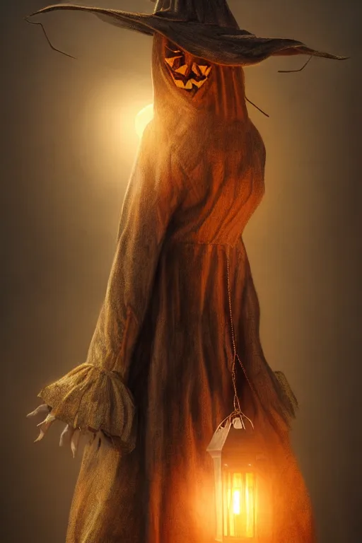 Image similar to portrait of a haunted scarecrow, burlap bag head, holding a lantern, halloween night, charlie bowater, artgerm, ilya kuvshinov, krenz cushart, ruan jia, realism, ultra detailed, 8 k resolution