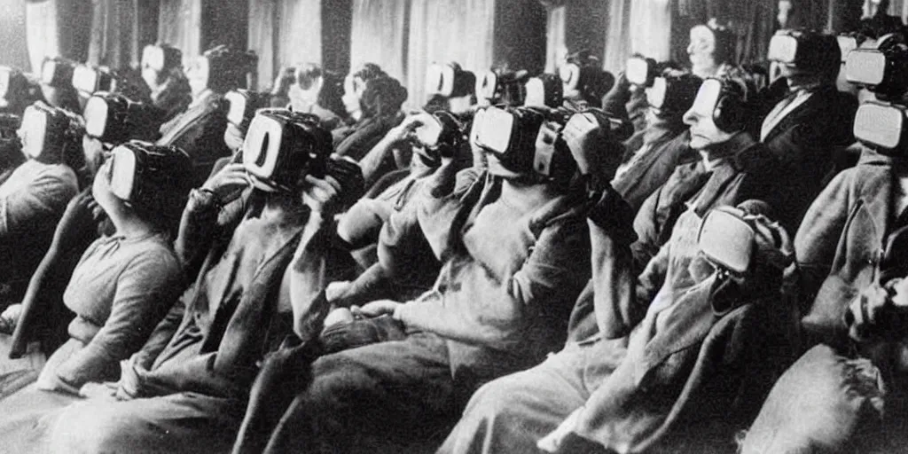 Image similar to 1 9 0 0 s photo of people using iphones ipods virtual reality headsets vr watching hd tv in a movie theater