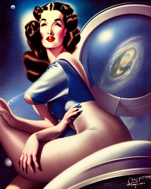 Image similar to retro space dita von teese varga girl posing on a space ship in dieselpunk city, windblown dark hair, retro pinup model, seductive, 1 9 4 0, hyper detailed, digital art, smooth, sharp focus, anna dittmann, gil elvgren, alberto vargas.