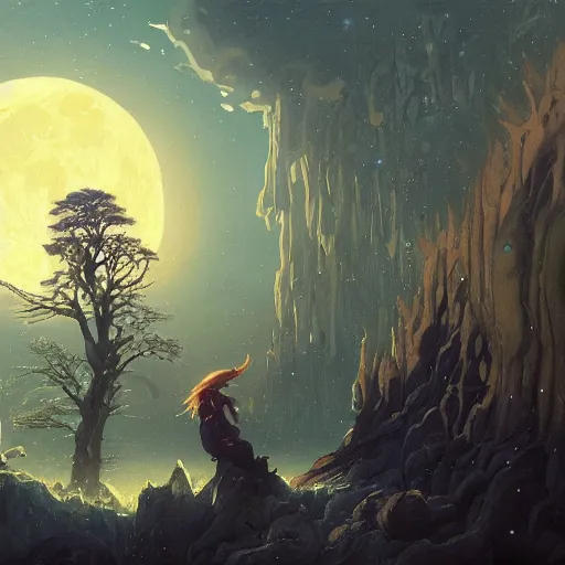 Prompt: highly detailed painting of the moon, unreal engine, fantasy art by greg rutkowski, loish, rhads, ferdinand knab, makoto shinkai and lois van baarle, ilya kuvshinov, rossdraws, tom bagshaw, alphonse mucha, global illumination, radiant light, detailed and intricate environment