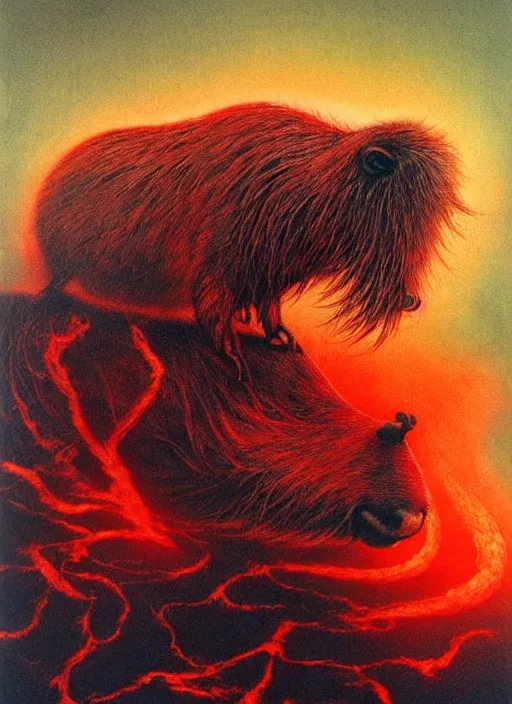 Image similar to a side view of spirit of chthonic demonic capybara with red eyes, on background red lake on fire, highly detailed, art by Ayami Kojima, Beksinski, Giger