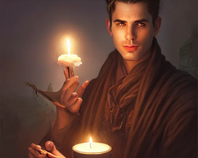 Image similar to a mind - blowing portrait of a fortune seeker male, clean shaven, holding a candle holder, wearing dark maritime clothing, long night cap, deep focus, d & d, fantasy, intricate, elegant, highly detailed, digital painting, artstation, concept art, matte, sharp, illustration, hearthstone, art by artgerm and greg rutkowski and alphonse mucha