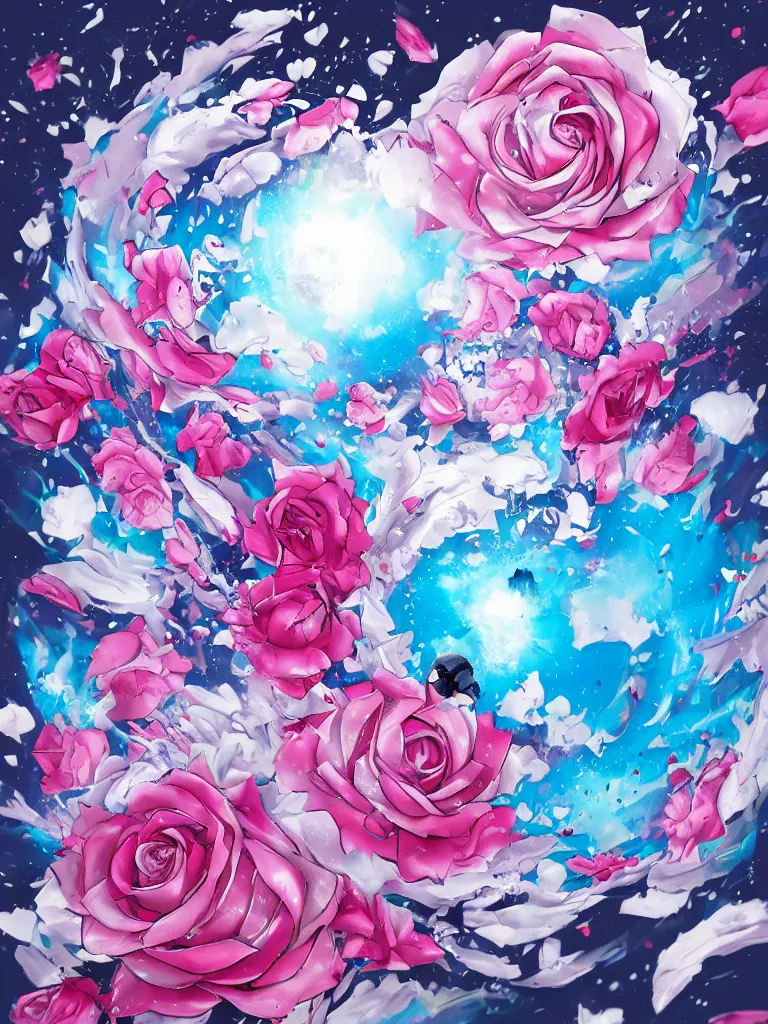 Image similar to hadoken force ball of white and pink roses, flowers exploding and splattering, blue sky, big puffy clouds, spraypaint, wildstyle, totem 2, exploding roses, hodouken, large rose petals, lotus petals, large triangular shapes, studio ghibli anime, radiant lighting, artgerm, manga, trending on artstation, art nouveau, mature colors