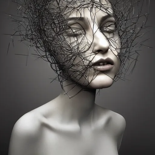Prompt: a woman's head is surrounded by tangled hair, a surrealist sculpture by igor morski, behance contest winner, analytical art, behance hd, daz 3 d, biomorphic