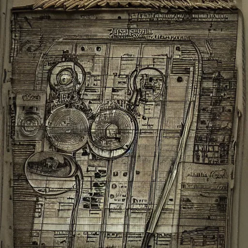 Image similar to electronic music instrument, music scores, da vinci, notebook page, high detail, intricate writing