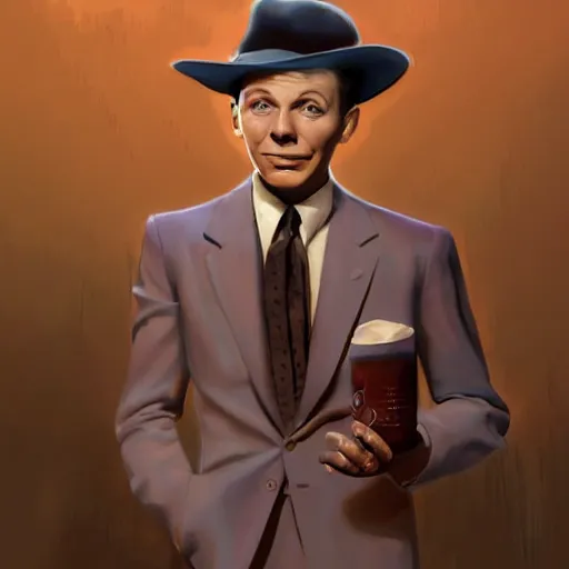 Image similar to perfect composition, subdued color palette, award-winning concept art, detailed digital painting, airbrushed, low contrast: costume design for young Frank Sinatra as a poor 1950s bartender. Volumetric cinematic lighting, great attention to perfect anatomy, special attention to posing, great attention to realistic facial expression, faithful cinematic color scheme, perfectly coherent. In the style of: Greg Rutkowski, Francis Bacon, Syd Mead, Norman Rockwell, Beksinski, Edward Hopper, James Gilleard, Ilya Kuyshinov, WLOP, Stanley Artgerm, Takato Yamamoto, and James Jean.