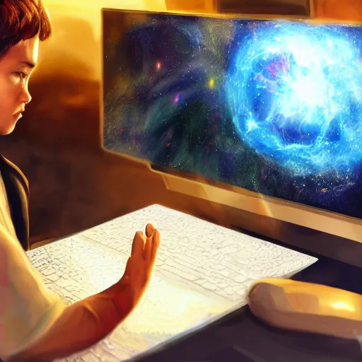 Prompt: a young mage creating a universe in his PC, hyperrealistic, extremely detailed, award-winning art, trending on Artstation