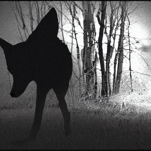 Image similar to bad waulity nightfootage nightcam black and white trailcam footage of native weird distorted human body Skinwalker transforming into a coyote