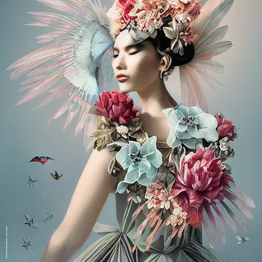 Image similar to 3 / 4 view of a beautiful girl wearing an origami dress, eye - level medium shot, fine floral ornaments in cloth and hair, hummingbirds, elegant, by eiko ishioka, givenchy, ambrosius boeschaert, by peter mohrbacher, centered, fresh colors, origami, fashion, detailed illustration, vogue, native american woman, reallusion character creator