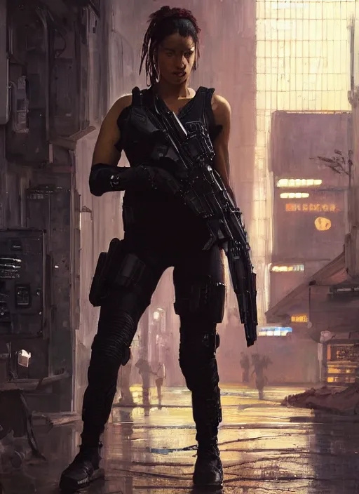 Prompt: 🤸🏿♀. cyberpunk police trooper in a military vest ( blade runner 2 0 4 9, cyberpunk 2 0 7 7 ). orientalist portrait by john william waterhouse and james gurney and theodore ralli and nasreddine dinet, oil on canvas. cinematic, hyper realism, realistic proportions, dramatic lighting, high detail 4 k