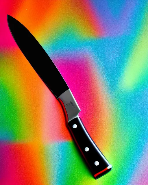 Prompt: A colorful studio photo of a kitchen knife with a black handle; bokeh, 90mm, f/1.4