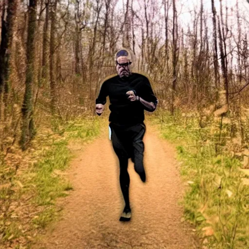 Prompt: trail cam footage of Walter White running through forest, night, photo realistic