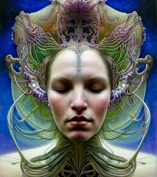 Prompt: detailed realistic beautiful young groovypunk queen of andromeda galaxy in full regal attire. face portrait. art nouveau, symbolist, visionary, baroque, giant fractal details. horizontal symmetry by zdzisław beksinski, ( ( iris van herpen ) ), raymond swanland and alphonse mucha. highly detailed, hyper - real, beautiful