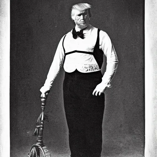 Prompt: donald trump as a 1800s circus strong man, black and white photo