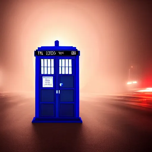 Image similar to a hyperdetailed photograph of the tardis sat on a futuristic street corner, night, dense fog, rain, hd, 8 k resolution