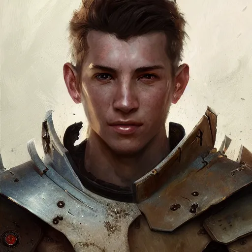 Prompt: very detailed masterpiece painting of an armored warrior character portrait, young man with brown hair, ,artstation, concept art by Greg Rutkowski, WLOP, liang xing, NeoArtCore, Zumidraws, Zumi, Axsens, Dan Mumford, Christophe Vacher