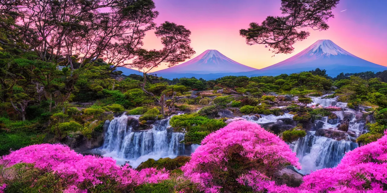 Image similar to a pink sunset with mt fuji, eucalyptus trees, stars in the sky, waterfall, pond, hilly meadows with flowers, cinematic lighting, hd 4 k photo