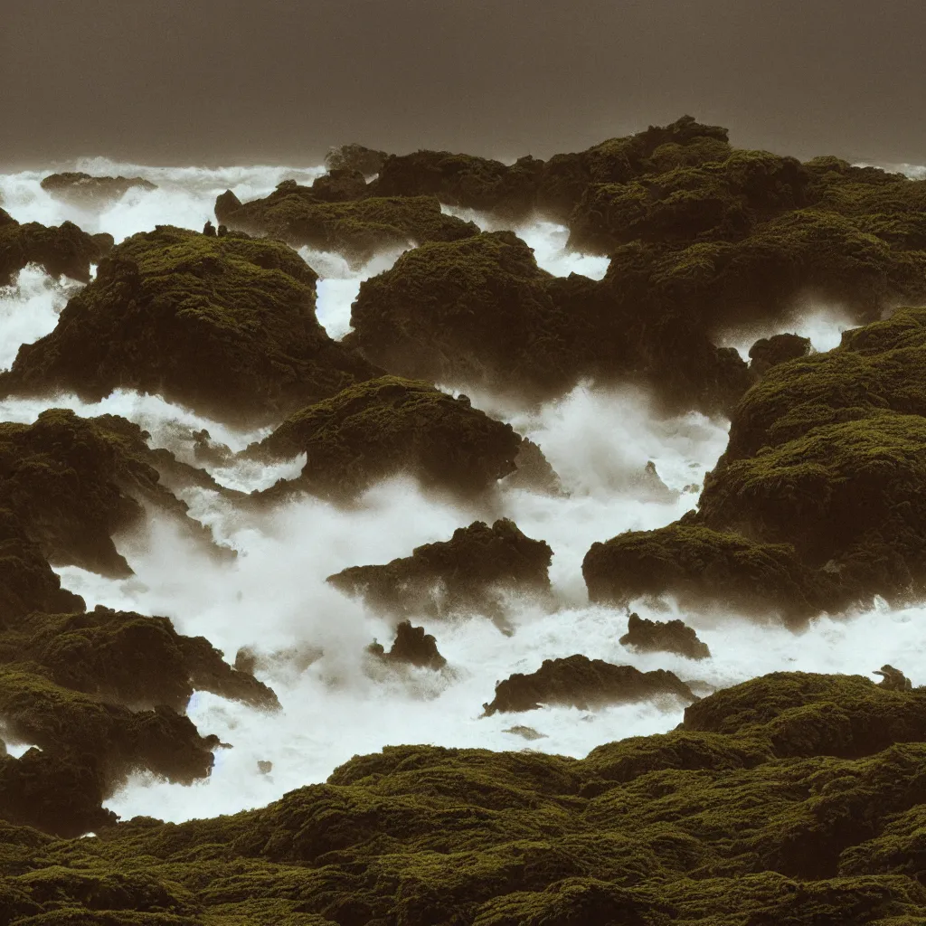 Prompt: dark and moody 1 9 7 0's artistic technicolor spaghetti western film, a large huge group of women in a giant billowing wide long flowing waving white dresses, standing inside a green mossy irish rocky scenic landscape, crashing waves and sea foam, volumetric lighting, backlit, moody, atmospheric, fog, extremely windy, soft focus