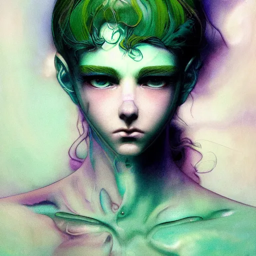 Prompt: prompt : pale violet and deep green portrait in water soft light painted by james jean and katsuhiro otomo and erik jones, inspired by evangeleon anime, smooth face feature, intricate oil painting, high detail illustration, sharp high detail, manga and anime 1 9 9 9