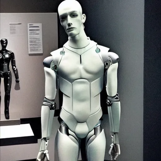 Image similar to “a realistic detailed photo of a guy who is an attractive humanoid who is half robot and half humanoid, who is a male android, actor Grant Gustin, shiny skin, posing like a statue, blank stare, at the museum, on display”