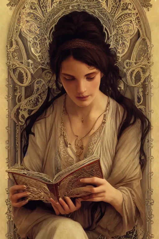 Prompt: beautiful natural renaissance gypsy reading another woman\'s palm, intricate, elegant, highly detailed, digital painting, artstation, concept art, smooth, sharp focus, illustration, art by artgerm and greg rutkowski and alphonse mucha