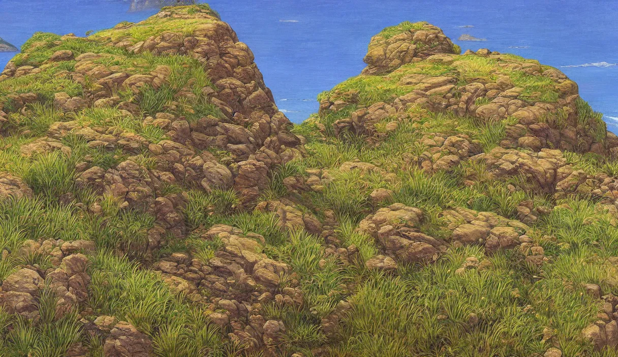 Prompt: rocky cliff with grass on top, close up, detailed by marianne north by moebius