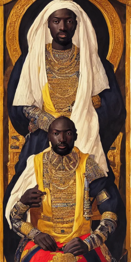 Image similar to a stunning and noble highly detailed romantic period style portrait of mansa musa by josep tapiro baro, trending on artstation, oil painting masterpiece, symmetry, mysterious, very very very aesthetic, african iconography