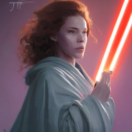 Image similar to portrait of a woman by greg rutkowski, jedi princess knight, curly redhead, jedi robes, star wars expanded universe, she is about 2 0 years old, elegant, graceful, wearing jedi robes, highly detailed portrait, digital painting, artstation, concept art, smooth, sharp foccus ilustration, artstation hq