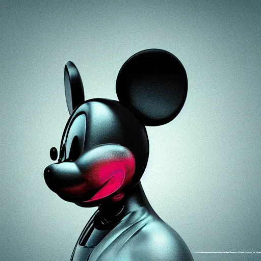 Image similar to mickey mouse head, fractal, broken, psychedelic, wet, mycelium, radiant alien, rococo, baroque, automotive, bio-mechanical, porcelain, iridescent, sub surface scattering, octane render