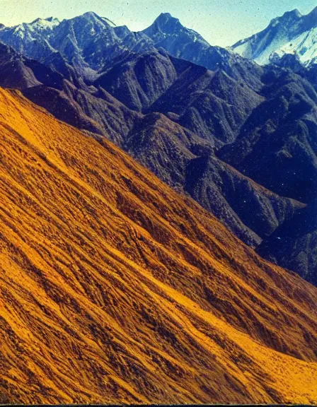 Image similar to vintage color photo of Cordillera De Los Andes covered in liquid gold reflecting light, 8k definition