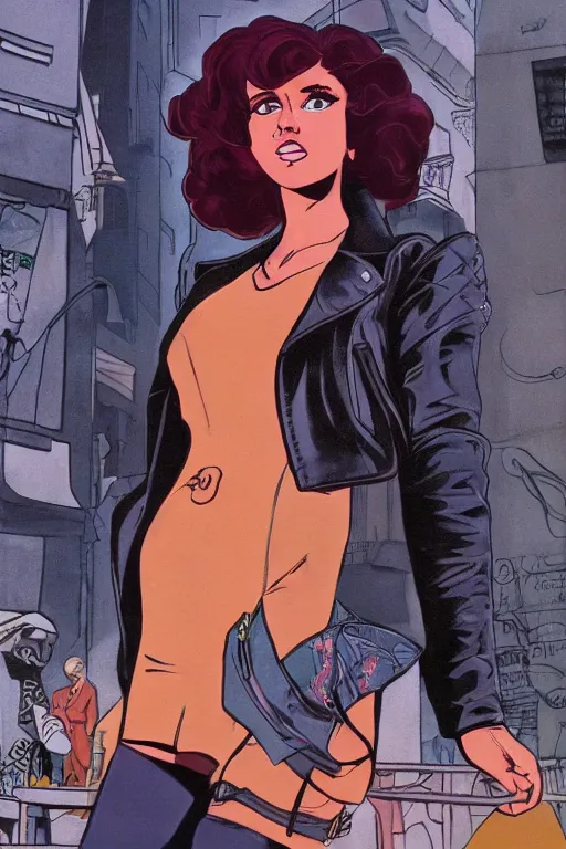 Image similar to portrait of an attractive young female protagonist, center focus, wearing leather jacket, in city street, detailed face, artwork by ralph bakshi