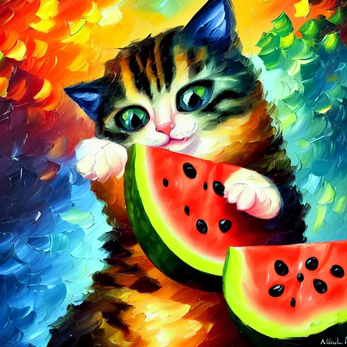 Prompt: colourful painting of cute little kitty and watermelon, art in paul lehr and leonid afremov style, close shot, bright, evening, soft lighting, focus, masterpiece art