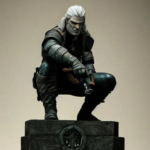 Prompt: statue of geralt from the witcher, posed like rodin's the thinker, museum photo