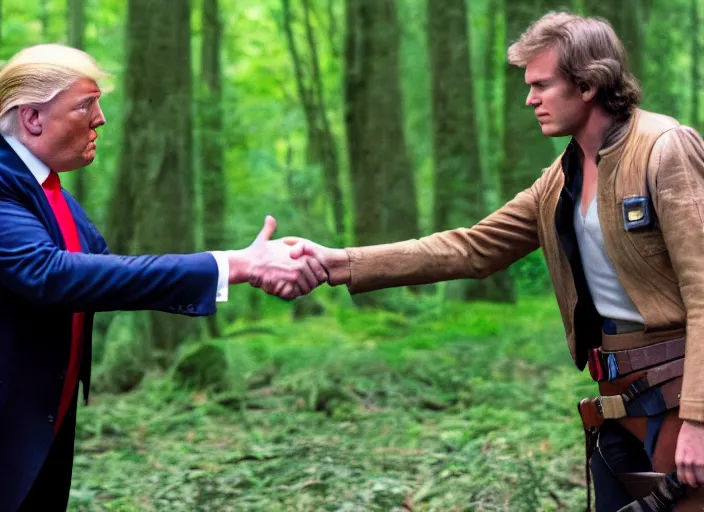 Prompt: donald trump shaking hands with han solo on the forest moon of endor, 3 5 mm photography, highly detailed, cinematic lighting