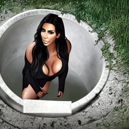 Prompt: photo of kim kardashian trapped inside a sewer yelling for help