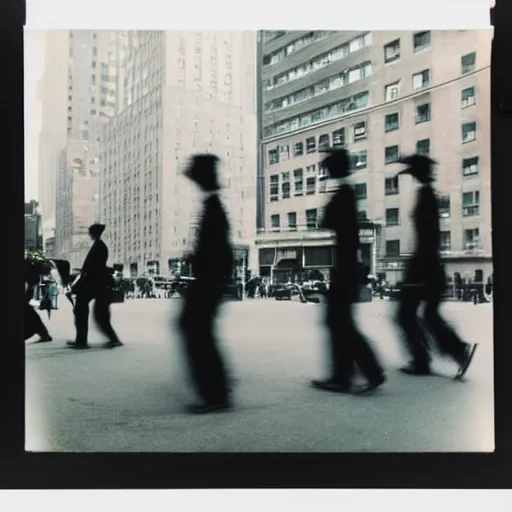 Image similar to wide-shot low-angle photo of empty!!! animated walking ghostly people (((heads))) at the street in New York, polaroid photo, by Andy Warhol, signed