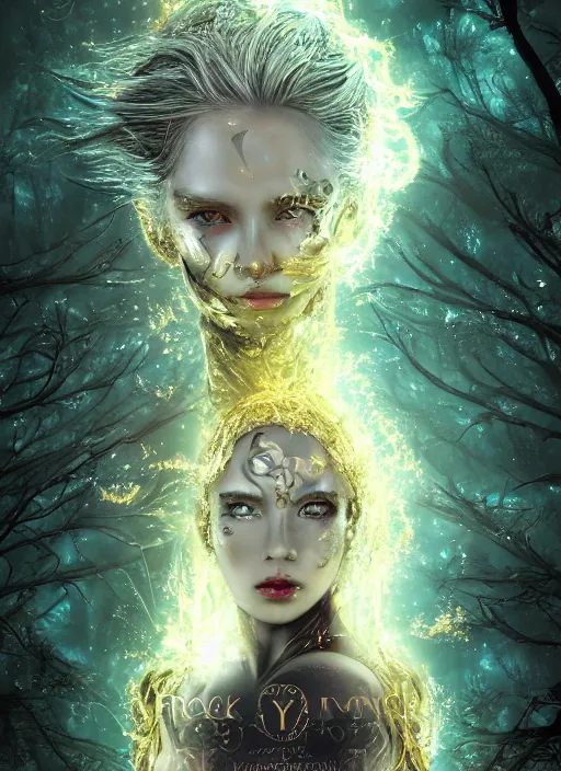 Image similar to glowing silver and golden elements, full close-up portrait, dark witch from freepik, book cover, green forest, white moon, red lips, establishing shot, extremly high detail, photo-realistic, cinematic lighting, pen and ink, intricate line drawings, by Yoshitaka Amano, Ruan Jia, Kentaro Miura, Artgerm, post processed, concept art, artstation, matte painting, style by eddie mendoza, raphael lacoste, alex ross