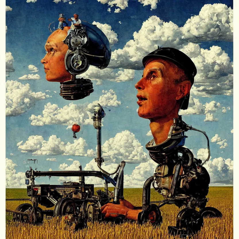 Prompt: portrait painting of a farmer robot made of chrome in front of rolling cornfields and beautiful clouds, painted by norman rockwell. pulp sci - fi art for omni magazine. high contrast. dark background. baroque period, oil on canvas. renaissance masterpiece. trending on artstation. retrofuturism.