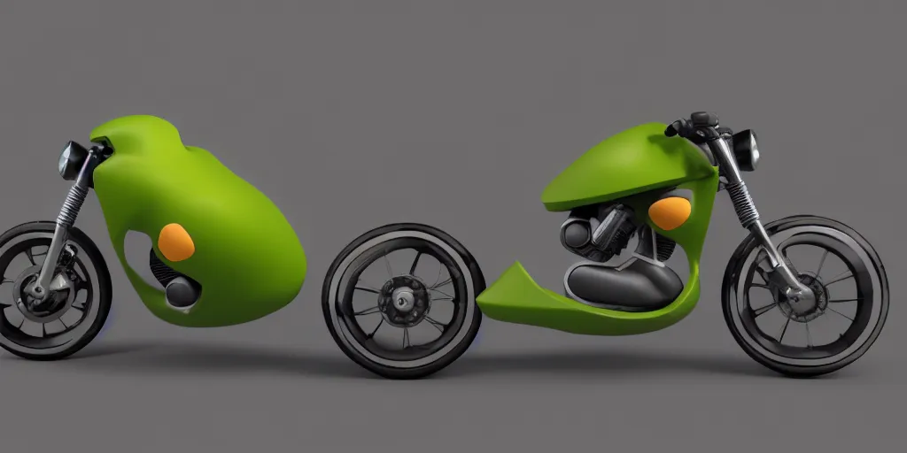 Image similar to a motorbike in the shape an avocado!, vehicle concept photo!!, 8k!!,amazing quality!!! Unreal engine 5!!! Studio lighting!!! Cinema 4D!! Parking garage lighting! Real life picture!! Creativity!!!!