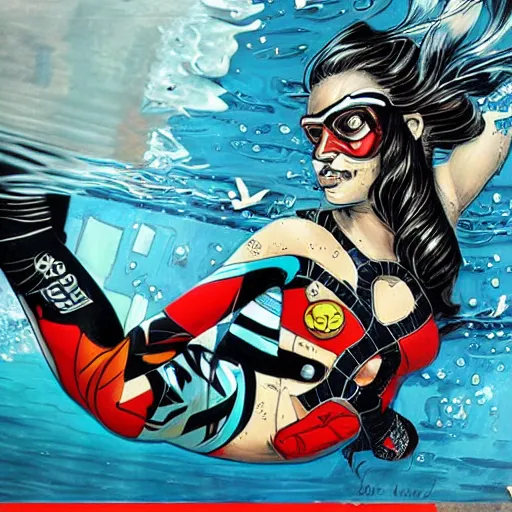 Image similar to full body painting of an underwater diver, by MARVEL comics and Sandra Chevrier