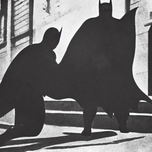 Image similar to a close - up old black and white photo, 1 9 1 3, depicting batman fighting a mafia boss in an ally of new york city, rule of thirds, historical record